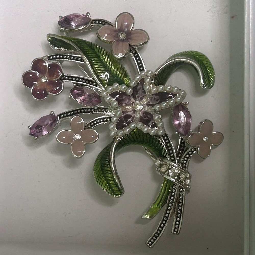 Napier Vintage Floral Bouquet Brooch Silver Tone Green Enamel Flower Pin #700 - Picture 1 of 4